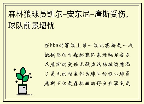 森林狼球员凯尔-安东尼-唐斯受伤，球队前景堪忧