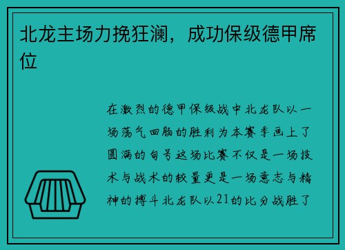 北龙主场力挽狂澜，成功保级德甲席位