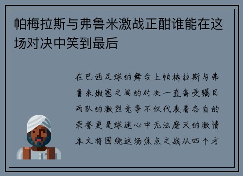 帕梅拉斯与弗鲁米激战正酣谁能在这场对决中笑到最后